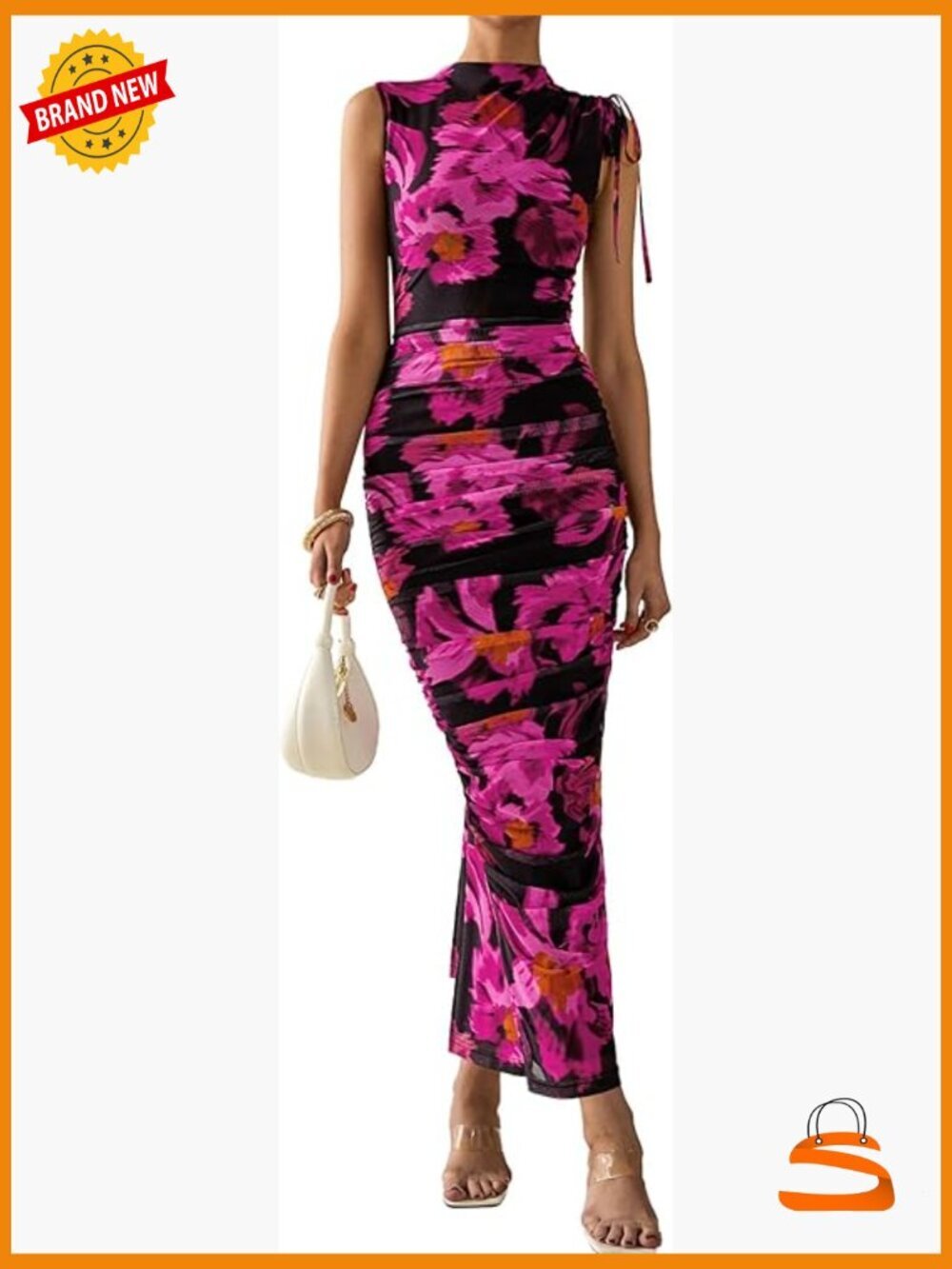 Sleeveless Mock Neck Ruched Bodycon Maxi Dress with Back Slit